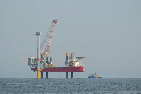 Half of the 72 monopile foundations installed at Thor offshore wind farm